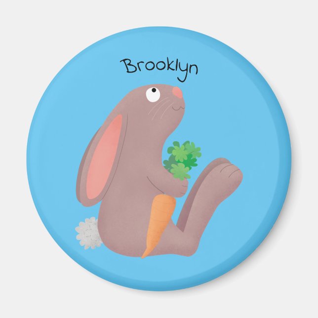 Cute bunny rabbit sitting with carrot cartoon magnet (Front)