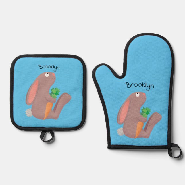 Cute bunny rabbit sitting with carrot cartoon oven mitt & pot holder set (Front)