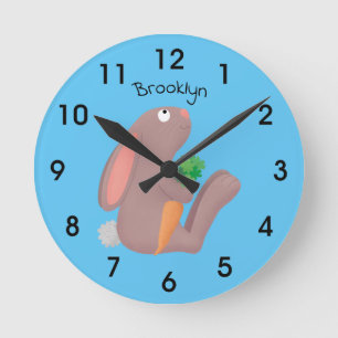 Cute bunny rabbit sitting with carrot cartoon round clock