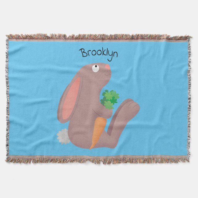 Cute bunny rabbit sitting with carrot cartoon throw blanket (Front)
