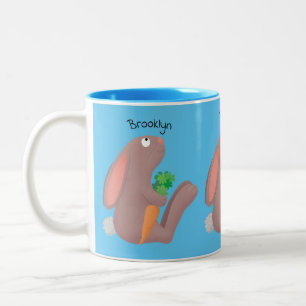 Cute bunny rabbit sitting with carrot cartoon  Two-Tone coffee mug
