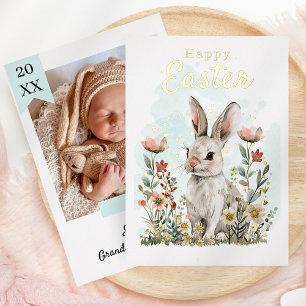 Cute Bunny Rabbit Spring Floral Happy Easter Photo Foil Holiday Card