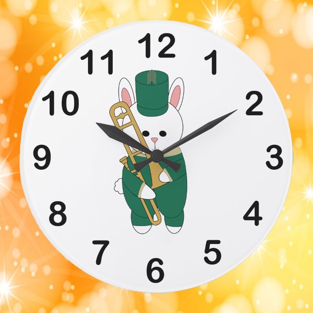 Cute Bunny Rabbit Trombone Green Gold Large Clock (A clock with a rabbit holding a trombone dressed in green & gold.)