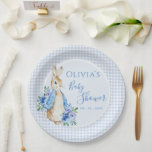 Cute Bunny Rabbit Watercolor Baby Shower Paper Plate<br><div class="desc">Adorable Rabbit bunny rabbit watercolor graphic on a pastel blue gingham background for a boy or girl baby shower.  Personalise with your name & date of your special event.</div>