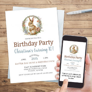 Cute Bunny Rabbit Watercolor Easter Birthday Invitation
