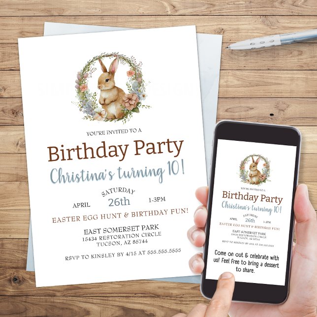 Cute Bunny Rabbit Watercolor Easter Birthday Invitation (cute easter theme birthday party invitation with bunny rabbit and floral wreath for girl or boy)