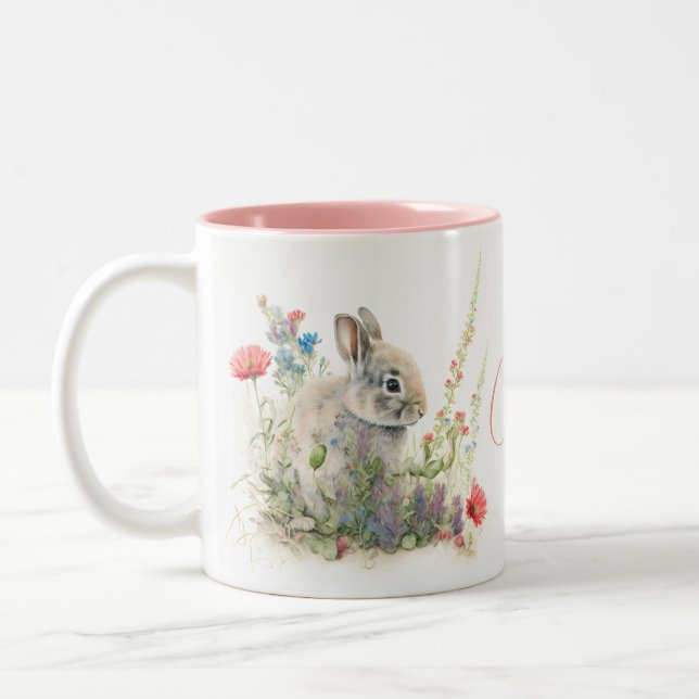 Cute Bunny Rabbit Watercolor Floral Personalised Two-Tone Coffee Mug (Left)