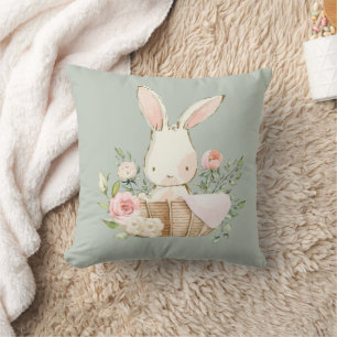 Cute Bunny Rabbit Watercolor Sage Green Nursery Cushion