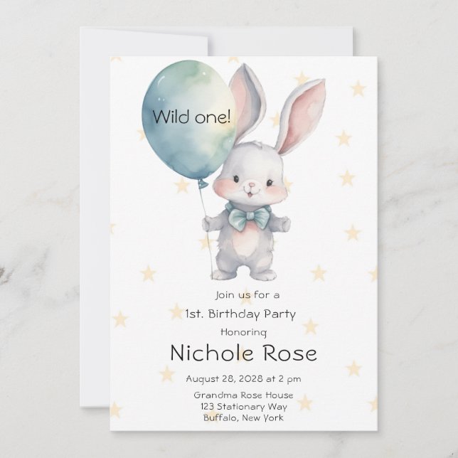 Cute Bunny Rabbit Wild One 1st Birthday Party Invitation (Front)
