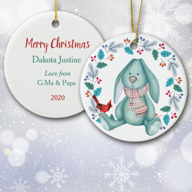 Cute Bunny Rabbit with Bird Wreath Christmas Ceramic Ornament (Creator Uploaded)