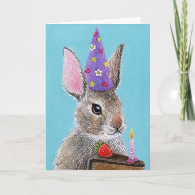 Cute bunny rabbit with cake birthday greeting card (Front)
