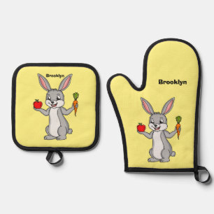 Cute bunny rabbit with vegetables cartoon oven mitt & pot holder set