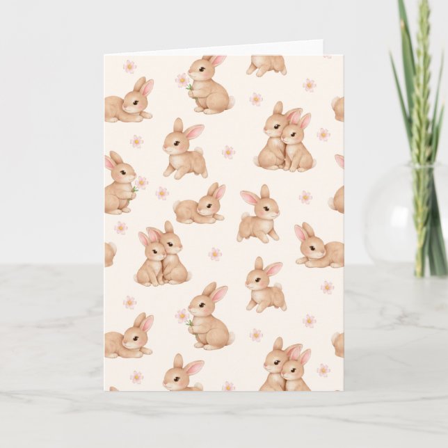 Cute Bunny Rabbits Pink Floral Pattern Easter Holiday Card (Front)