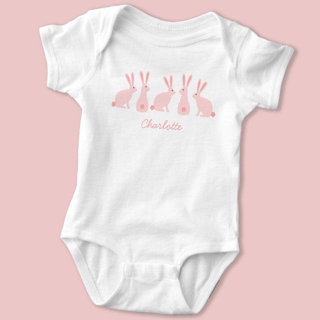 Cute Bunny Rabbits Pink Personalised Baby Bodysuit (Cute Bunny Rabbit personalized name baby bodysuit)
