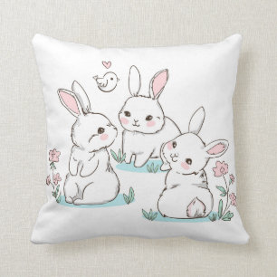 Cute Bunny Rabbits Pink Spring Flowers Easter Cushion