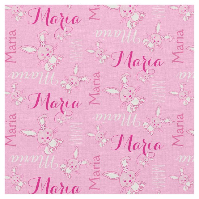 Cute bunny rabbits pink typographic name fabric (Close Up)