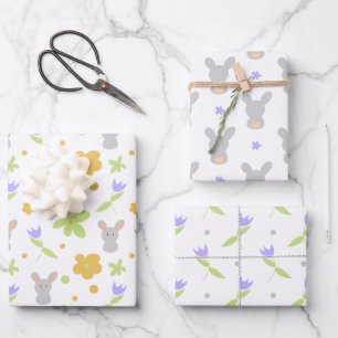 Cute Bunny Rabbits Purple Flowers  Wrapping Paper Sheet