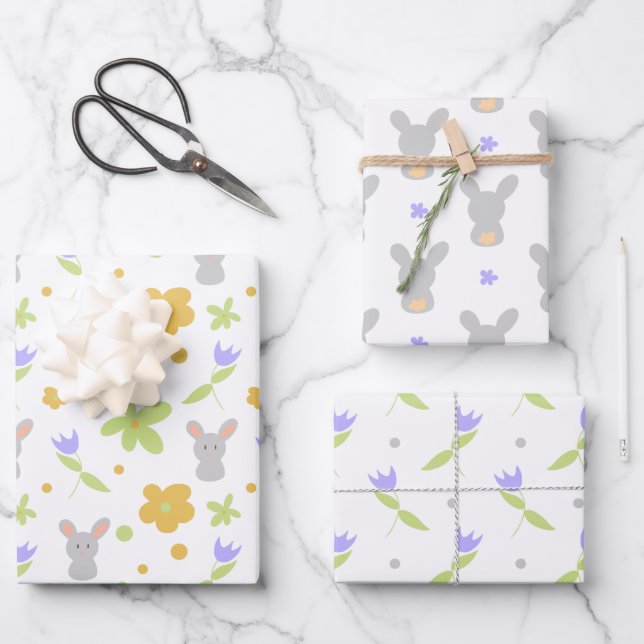 Cute Bunny Rabbits Purple Flowers  Wrapping Paper Sheet (Front)