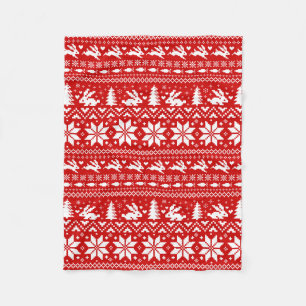 Cute Bunny Rabbits Red Holiday Pattern Fleece Blanket