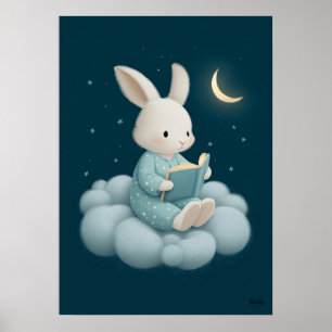 Cute Bunny Reading on Cloud Nursery Bedtime Poster