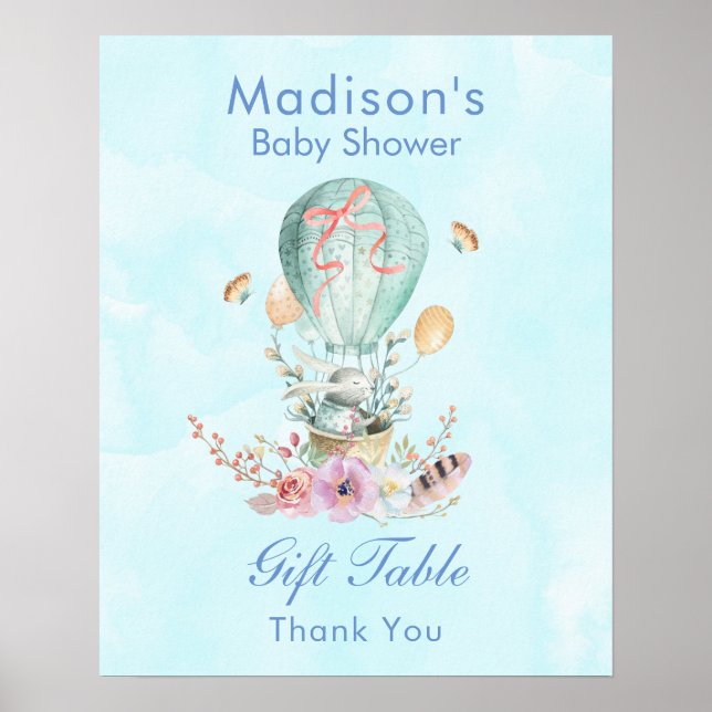 Cute Bunny Riding in a Balloon Baby Shower Poster (Front)