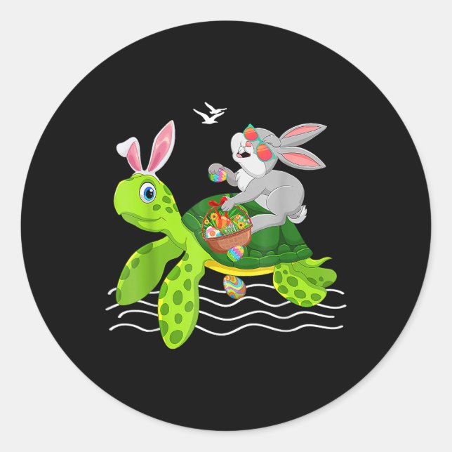 Cute Bunny Riding Turtle Holding Egg Basket Happy  Classic Round Sticker (Front)