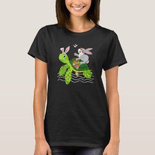 Cute Bunny Riding Turtle Holding Egg Basket Happy T-Shirt