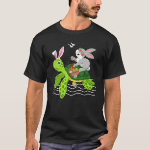 Cute Bunny Riding Turtle Holding Egg Basket Happy T-Shirt