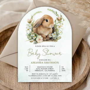 Cute Bunny Sage Green Floral Arch Baby Shower Invitation