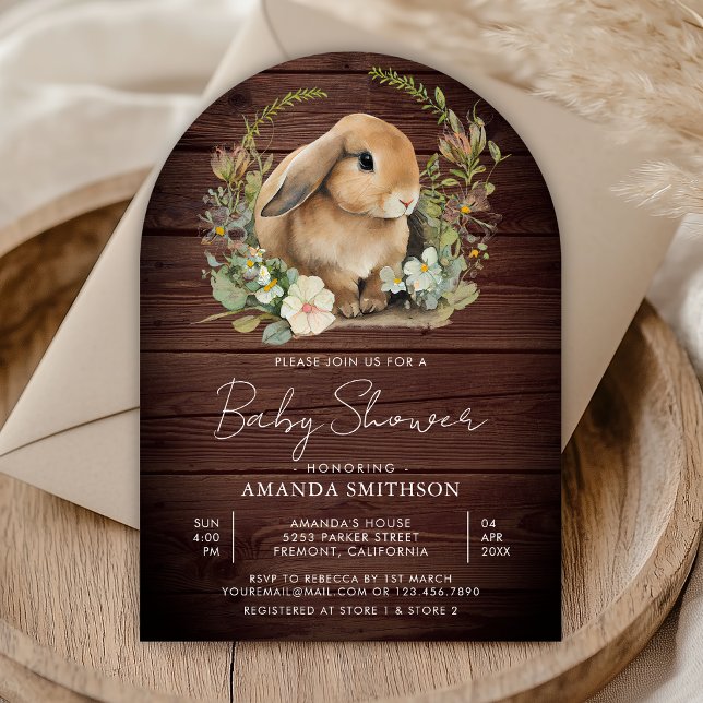 Cute Bunny Sage Green Floral Wood Arch Baby Shower Invitation (Creator Uploaded)