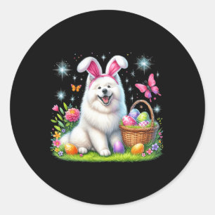 Cute Bunny Samoyed Dog Easter Eggs Basket Easter D Classic Round Sticker