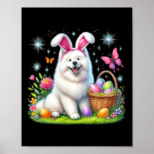 Cute Bunny Samoyed Dog Easter Eggs Basket Easter D Poster