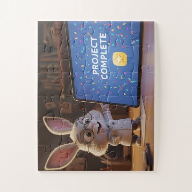 Cute Bunny Scientist Celebrating Project Complete  Jigsaw Puzzle (Vertical)