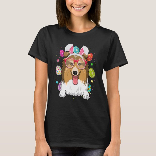 Cute Bunny Shetland Sheepdogs Dog Face Easter Eggs T-Shirt (Front)