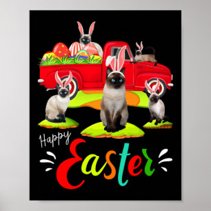 Cute Bunny Siamese Cats Riding Red Truck Happy Eas Poster