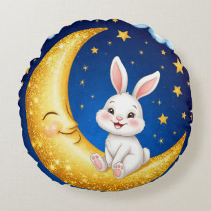 Cute Bunny Sitting on a Golden Crescent Moon Round Cushion
