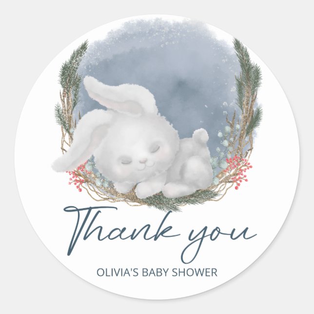 Cute Bunny Snowly Winter Baby Shower Thank you Classic Round Sticker (Front)
