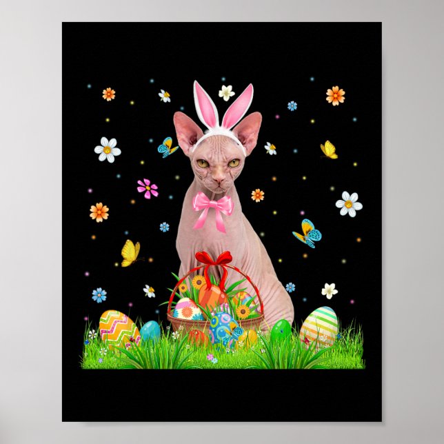 Cute Bunny Sphynx Cat And Easter Egg Basket Easter Poster (Front)