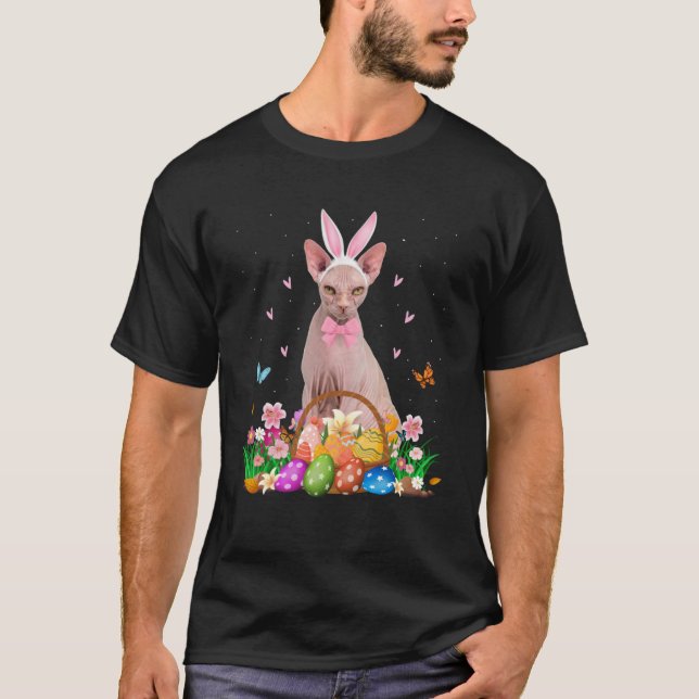Cute Bunny Sphynx Cat & Easter Egg Basket Easter D T-Shirt (Front)