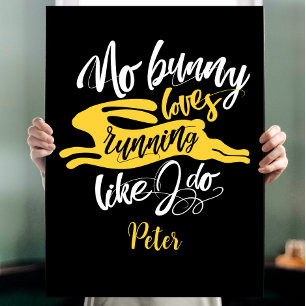 Cute Bunny Sport Run Motivation Black White Typo Poster
