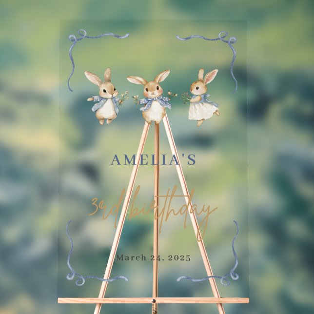 Cute Bunny Spring Kid 3rd Birthday Party Welcome Acrylic Sign (Neutral)