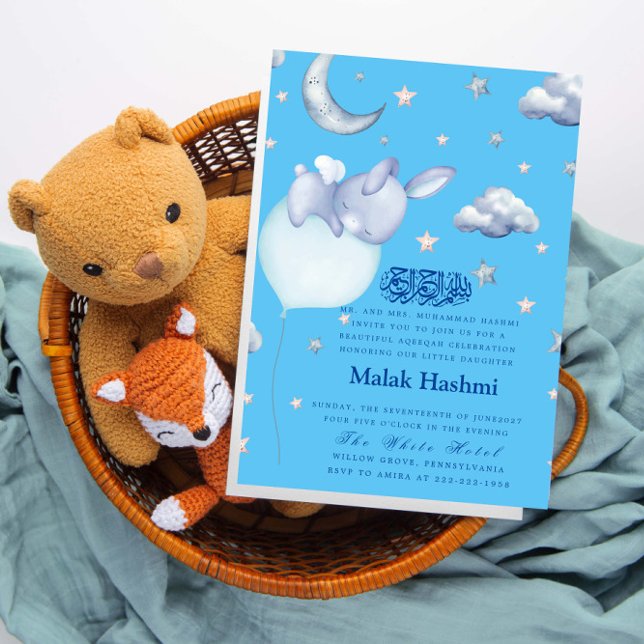 Cute Bunny & Star Baby BlueIslamic Aqiqa Aqeeqa  Invitation (Creator Uploaded)