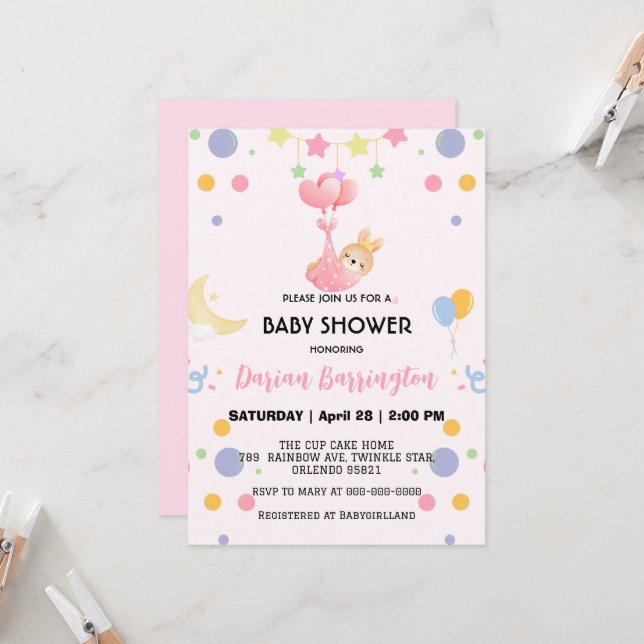 Cute bunny star balloon baby shower party girls invitation (Front/Back In Situ)