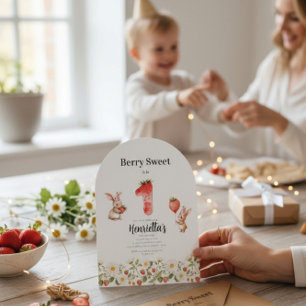 Cute Bunny Strawberry Theme First Birthday Invitation