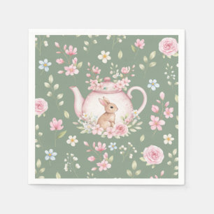 Cute Bunny Teapot Pink Floral Sage Green Spring Napkin
