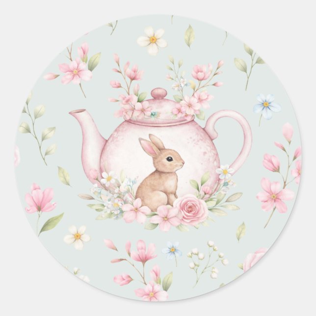 Cute Bunny Teapot Pink Floral Spring Classic Round Sticker (Front)