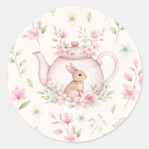 Cute Bunny Teapot Pink Floral Spring Classic Round Sticker