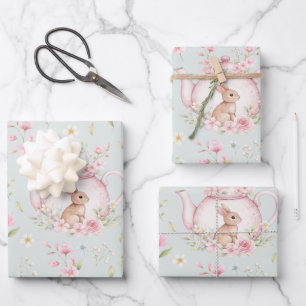 Cute Bunny Teapot Pink Floral  Wrapping Paper Sheet
