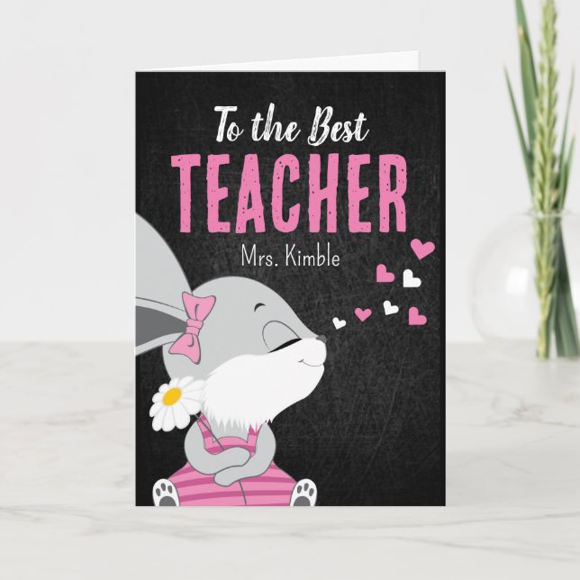 Cute Bunny Thank You Card for Teacher -Black Board (Front)