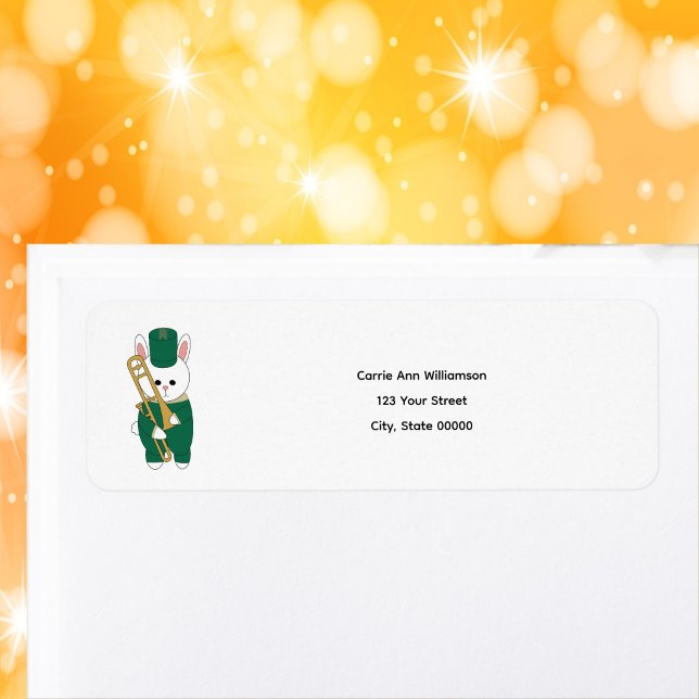 Cute Bunny Trombone Green Personalize Return Address Label (An address label with a rabbit holding a trombone.)